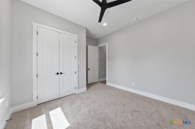 644 Creekside Dr, Belton, TX 76513 - unfurnished bedroom featuring carpet flooring, baseboards, a closet, recessed lighting, and ceiling fan