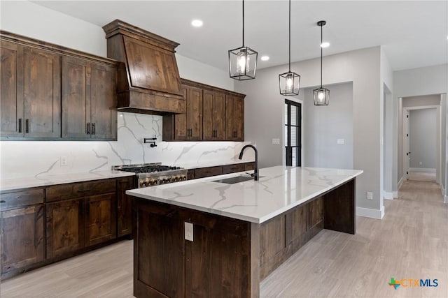 644 Creekside Dr, Belton, TX 76513 - kitchen featuring a sink, custom exhaust hood, light wood-style flooring, decorative backsplash, and light stone countertops