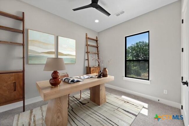 644 Creekside Dr, Belton, TX 76513 - office featuring ceiling fan, baseboards, recessed lighting, and light carpet