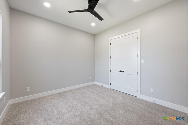 644 Creekside Dr, Belton, TX 76513 - unfurnished bedroom with recessed lighting, carpet floors, baseboards, ceiling fan, and a closet