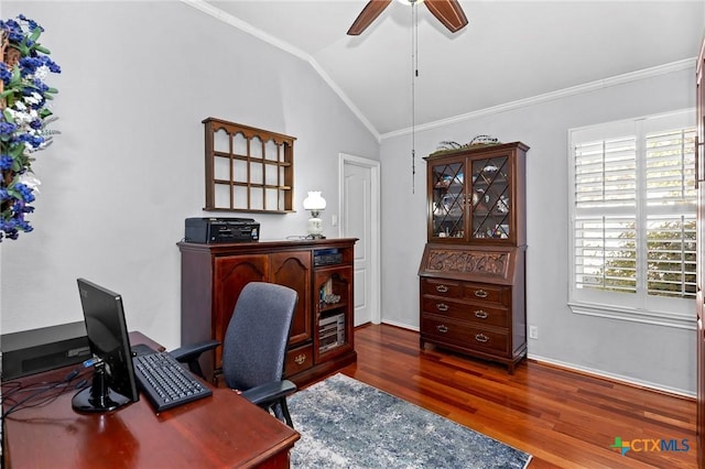 office area with ornamental molding, plenty of natural light, dark hardwood / wood-style floors, and ceiling fan