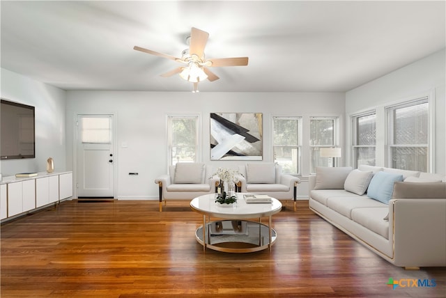 living room with ceiling fan, wood-type flooring, and plenty of natural light