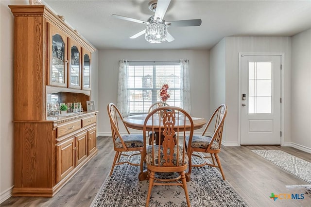 dining area featuring ceiling fan and wood-type flooring