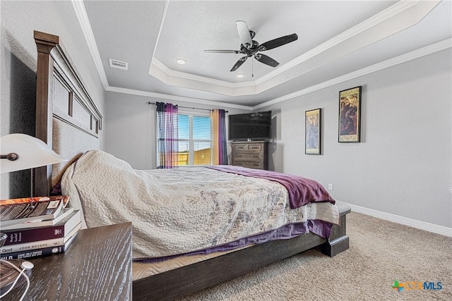 1211 Liberation Ln, Copperas Cove, TX 76522 - bedroom featuring a raised ceiling, crown molding, carpet flooring, ceiling fan, and recessed lighting