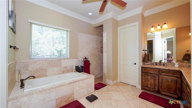 bathroom featuring a bath, walk in shower, ceiling fan, vanity, and ornamental molding