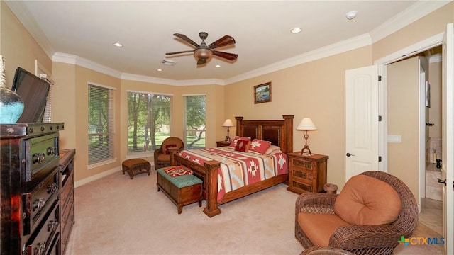 bedroom featuring recessed lighting, ornamental molding, light carpet, ceiling fan, and baseboards