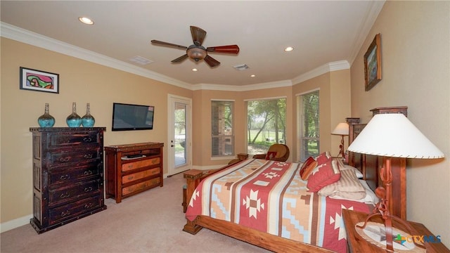 bedroom featuring light colored carpet, access to exterior, recessed lighting, crown molding, and ceiling fan