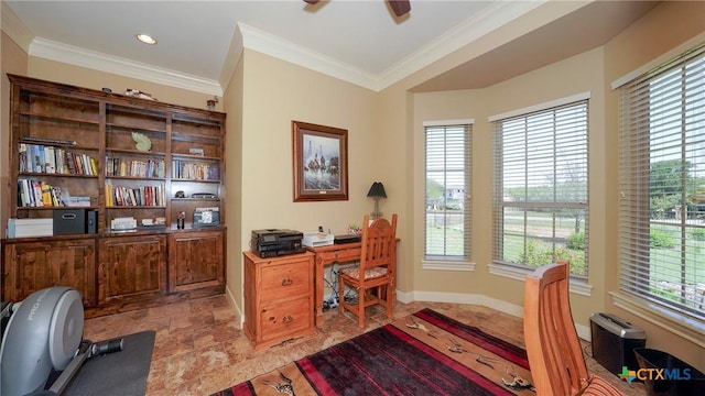 office area featuring baseboards, ceiling fan, and ornamental molding