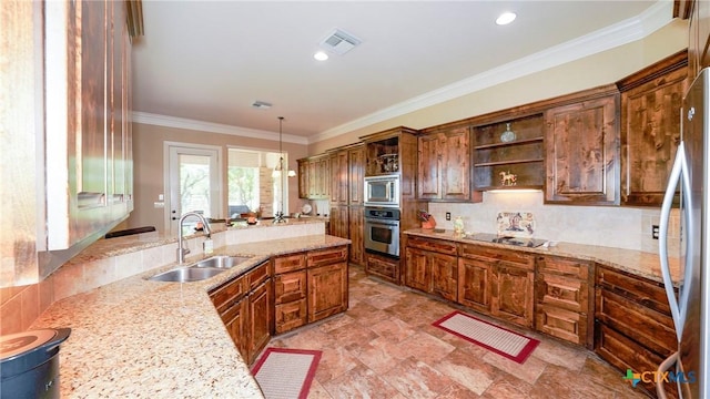 kitchen with a sink, open shelves, appliances with stainless steel finishes, tasteful backsplash, and crown molding