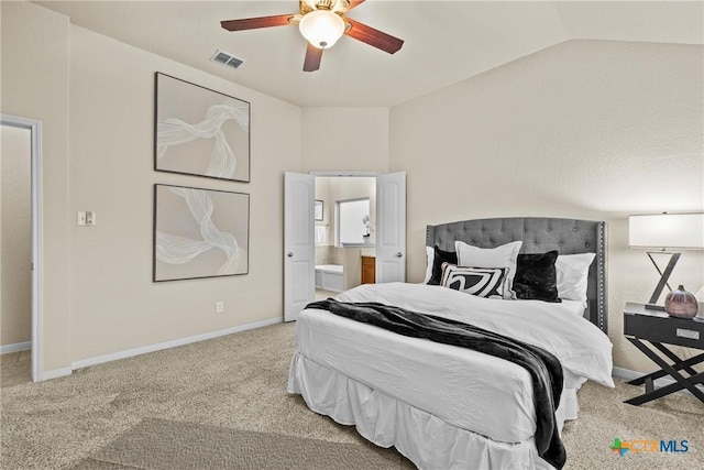 834 Wall St, New Braunfels, TX 78130 - bedroom with vaulted ceiling, carpet flooring, ensuite bathroom, baseboards, and a ceiling fan