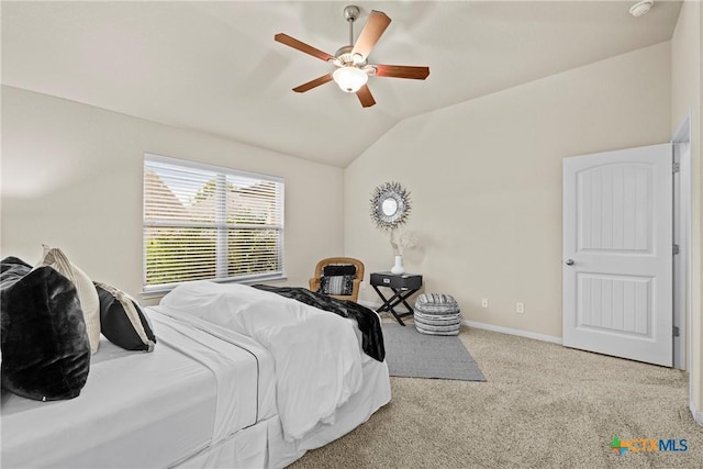 834 Wall St, New Braunfels, TX 78130 - bedroom featuring carpet, lofted ceiling, a ceiling fan, and baseboards