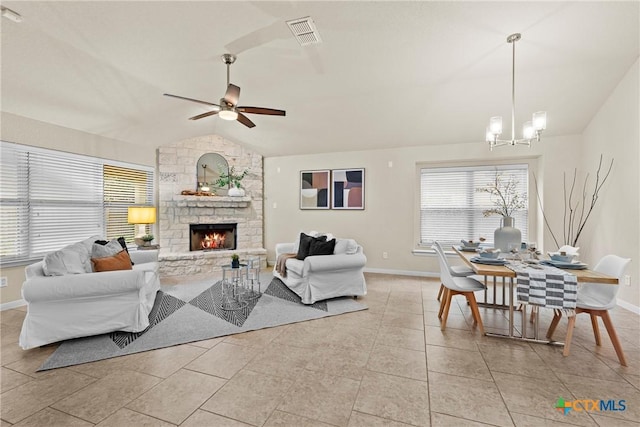 834 Wall St, New Braunfels, TX 78130 - living room featuring lofted ceiling, healthy amount of natural light, a chandelier, and baseboards