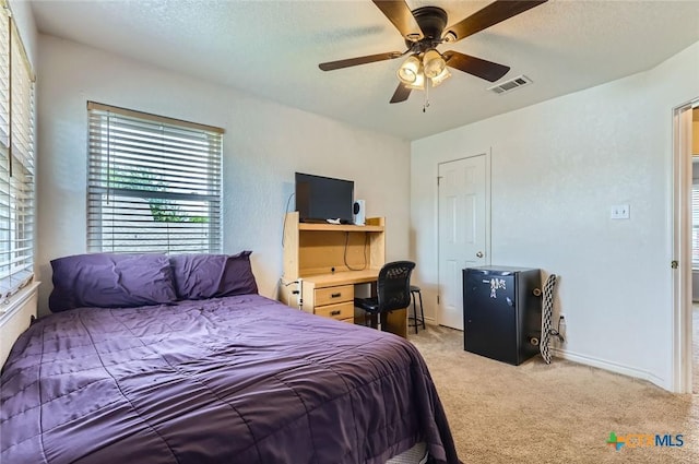 4201 Breckenridge Dr, Killeen, TX 76542 - bedroom with light carpet, multiple windows, ceiling fan, and a textured ceiling