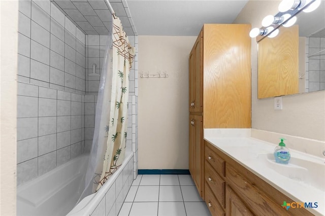 full bath featuring shower / bath combination with curtain, tile patterned flooring, and vanity