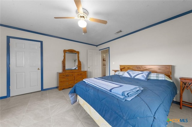 bedroom featuring light tile patterned flooring, visible vents, crown molding, and ceiling fan