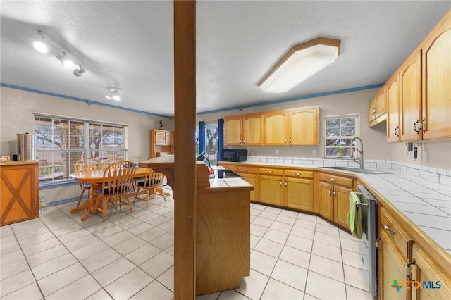 kitchen featuring dishwasher, tile countertops, a sink, and light tile patterned floors