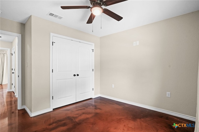 unfurnished bedroom with a closet and ceiling fan