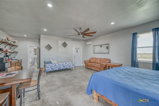 bedroom featuring a wall mounted AC, a textured ceiling, light colored carpet, and ceiling fan