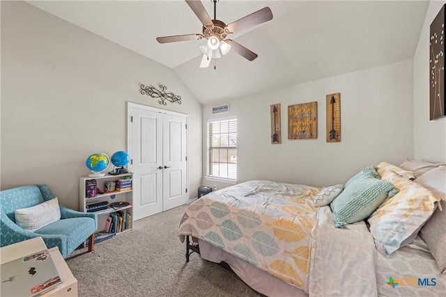 6 Salta Ct, Belton, TX 76513 - carpeted bedroom featuring vaulted ceiling, a closet, and a ceiling fan