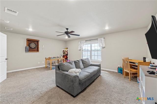 6 Salta Ct, Belton, TX 76513 - living room with light carpet, ceiling fan, baseboards, and recessed lighting