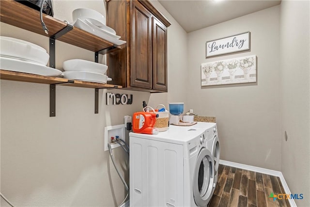 6 Salta Ct, Belton, TX 76513 - laundry area with cabinet space, independent washer and dryer, dark wood-type flooring, and baseboards