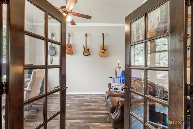 6 Salta Ct, Belton, TX 76513 - office with baseboards, a ceiling fan, wood finished floors, ornamental molding, and french doors