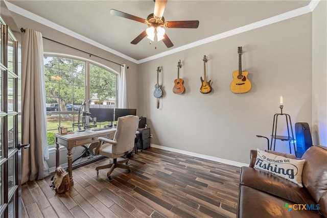 6 Salta Ct, Belton, TX 76513 - office with baseboards, dark wood finished floors, a ceiling fan, and ornamental molding