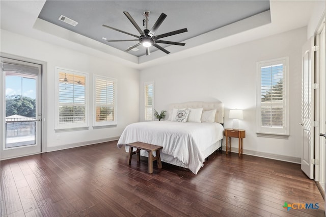 bedroom featuring a tray ceiling, multiple windows, and ceiling fan