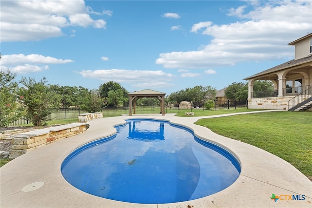 view of pool featuring a gazebo, a yard, and a patio area