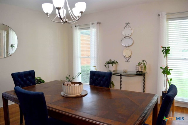 dining space featuring a notable chandelier and hardwood / wood-style flooring