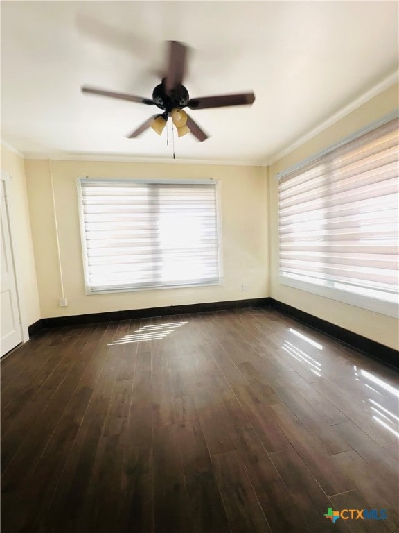 empty room featuring ceiling fan, dark hardwood / wood-style floors, and crown molding