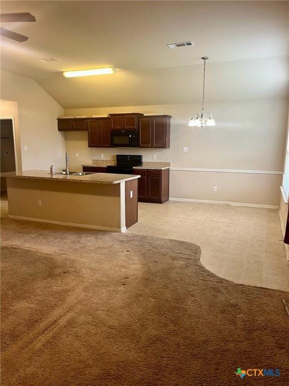1205 Abbey Rdg, Temple, TX 76504 - kitchen with black microwave, lofted ceiling, range with electric stovetop, dark brown cabinets, and a chandelier