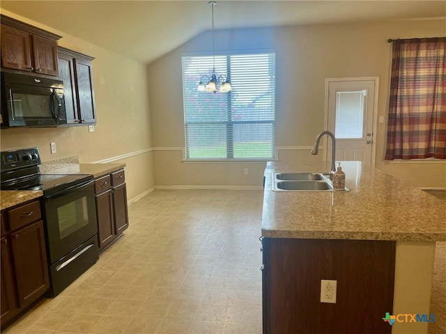 1205 Abbey Rdg, Temple, TX 76504 - kitchen with black appliances, vaulted ceiling, dark brown cabinetry, a chandelier, and an island with sink