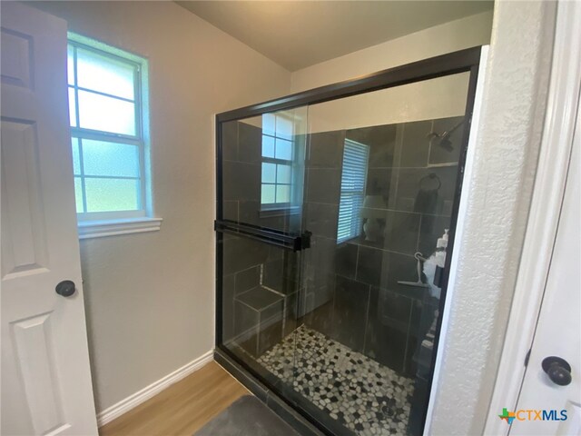 bathroom featuring baseboards, a shower stall, and wood finished floors