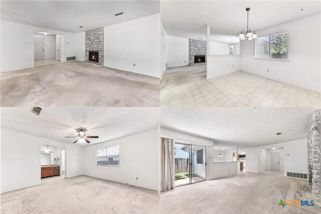 12219 Mosley Ln, Austin, TX 78727 - unfurnished living room with a stone fireplace, healthy amount of natural light, and a textured ceiling