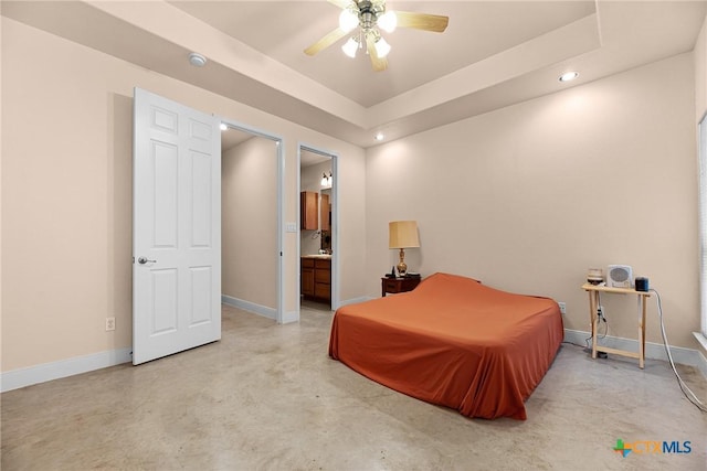 225 Anne Louise Dr, New Braunfels, TX 78130 - bedroom with concrete flooring, recessed lighting, connected bathroom, and a ceiling fan
