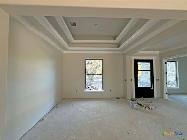 foyer with crown molding, a wealth of natural light, and a raised ceiling