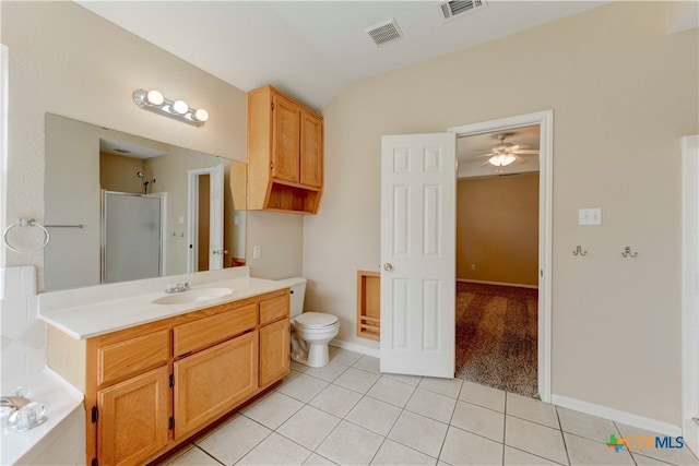 bathroom with vanity, an enclosed shower, tile patterned flooring, toilet, and ceiling fan