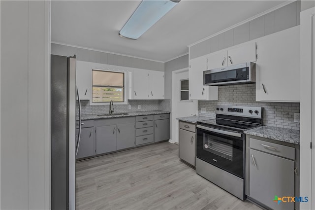 kitchen featuring tasteful backsplash, crown molding, stainless steel appliances, sink, and light hardwood / wood-style flooring