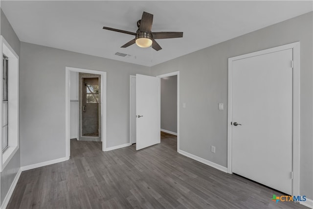 unfurnished bedroom with hardwood / wood-style floors and ceiling fan