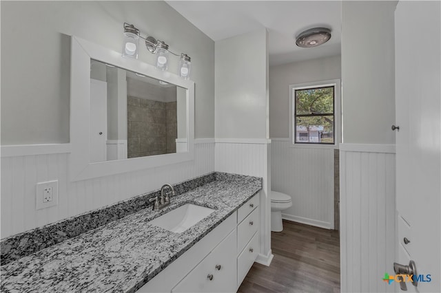 bathroom featuring hardwood / wood-style flooring, vanity, and toilet