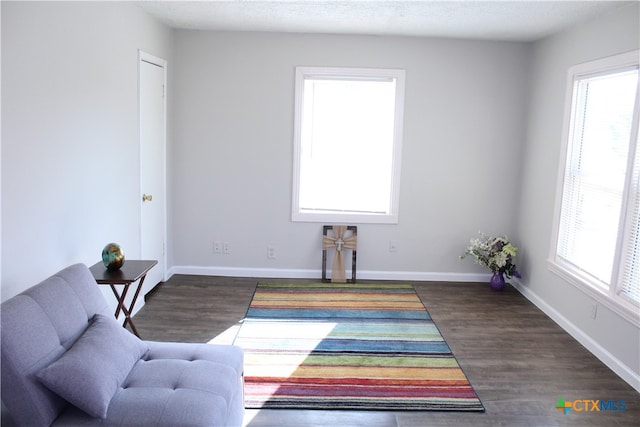 interior space with a textured ceiling, a wealth of natural light, and dark wood-type flooring