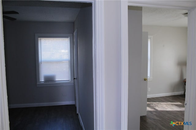 corridor with dark hardwood / wood-style flooring and a textured ceiling