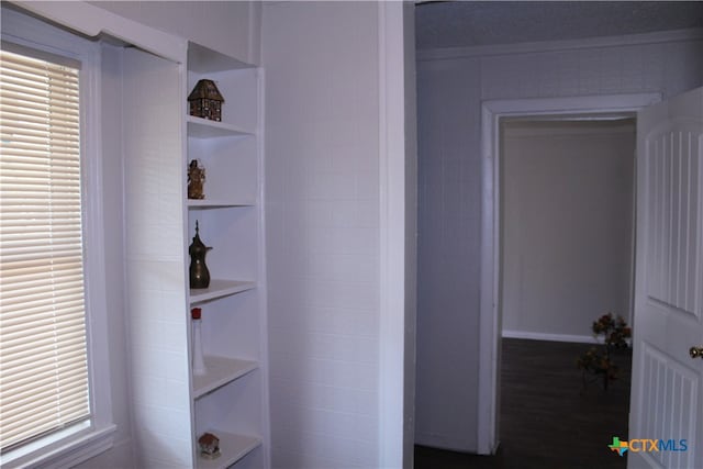 hallway with wood-type flooring and built in features