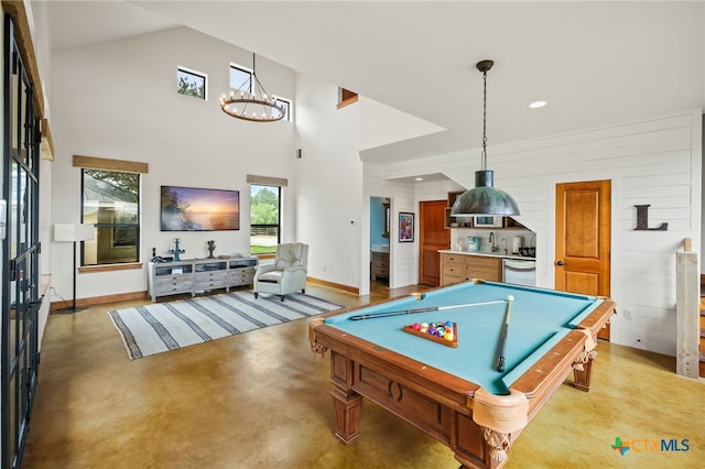 27302 Felswand Pkwy, New Braunfels, TX 78132 - recreation room featuring a sink, billiards, a chandelier, baseboards, and recessed lighting