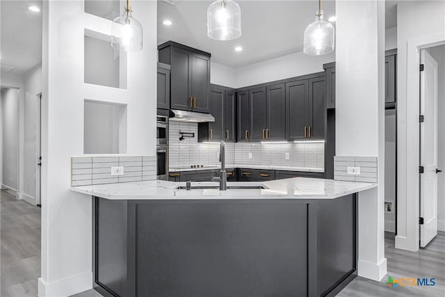 303 W Lane Ave, Manor, TX 78653 - kitchen featuring light stone counters, under cabinet range hood, light wood-style flooring, tasteful backsplash, and recessed lighting