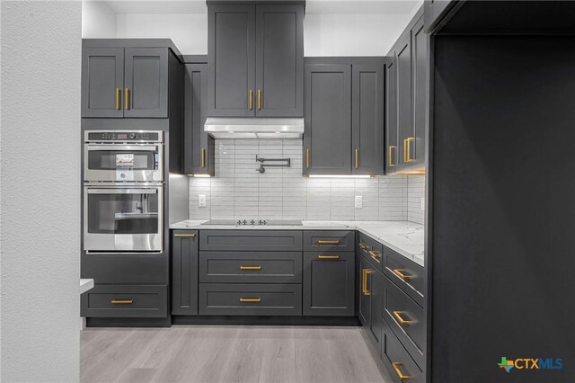 303 W Lane Ave, Manor, TX 78653 - kitchen featuring stainless steel double oven, light wood-style floors, under cabinet range hood, and decorative backsplash