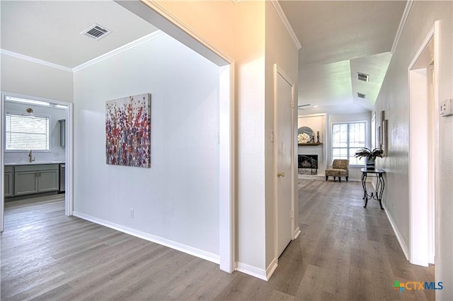 2605 Canyon Creek Dr, Temple, TX 76502 - hallway with wood finished floors, a sink, ornamental molding, and baseboards