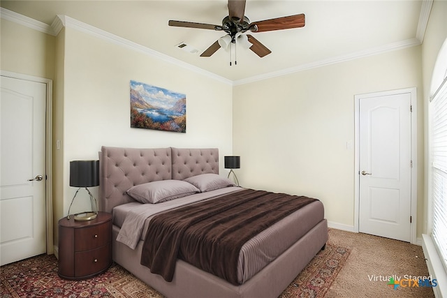 bedroom with visible vents, ornamental molding, a ceiling fan, carpet flooring, and baseboards