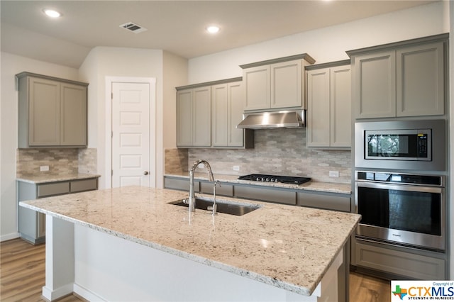 kitchen featuring an island with sink, sink, appliances with stainless steel finishes, and tasteful backsplash